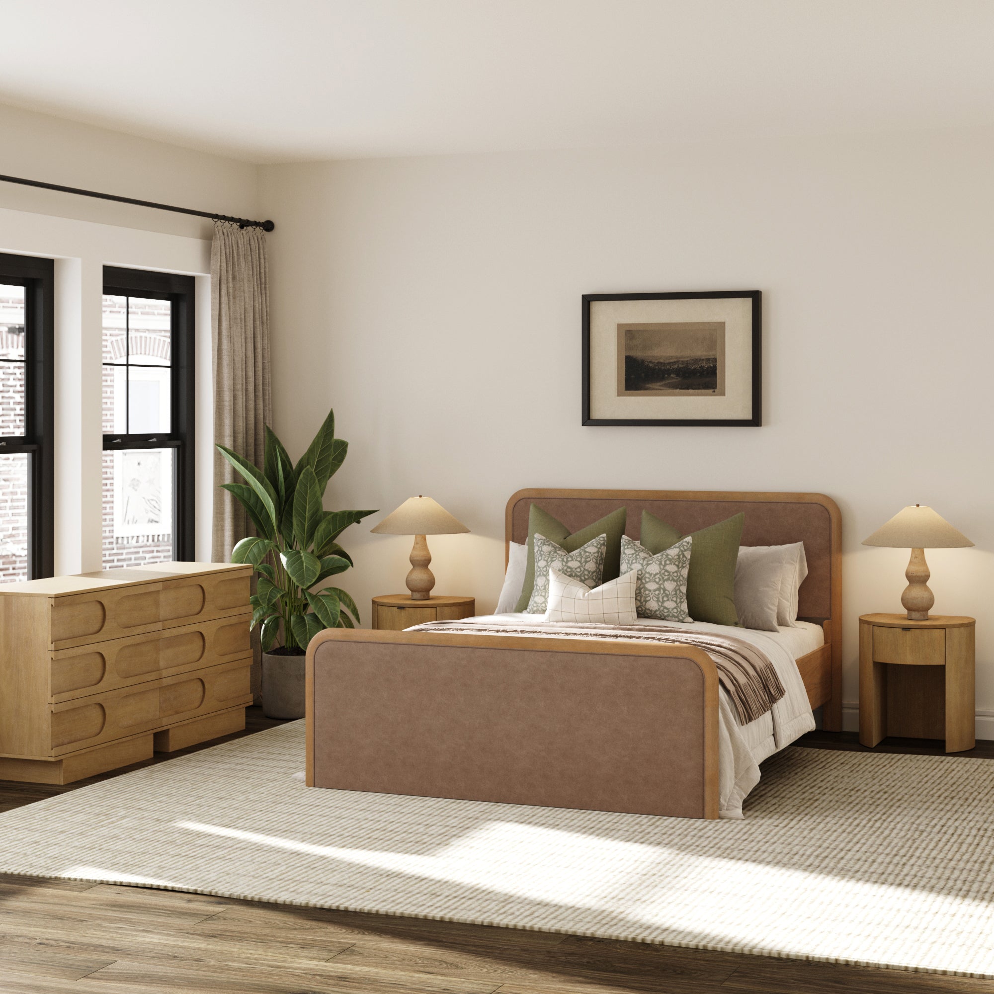 Rounded Faux Leather Queen Bed Frame with 2 Arched Dressers and 2 Nightstands Set Light Brown - Nathan James