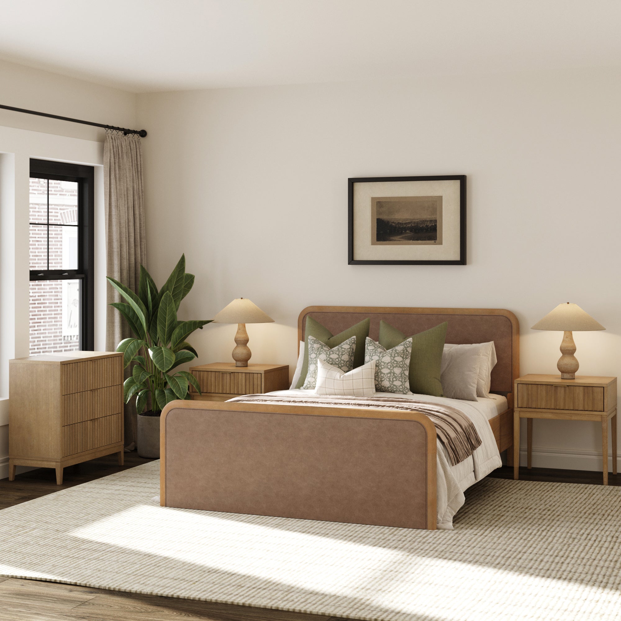 Rounded Faux Leather Queen Bed Frame with 1 Fluted Dresser and 2 Nightstands Set Light Brown - Nathan James