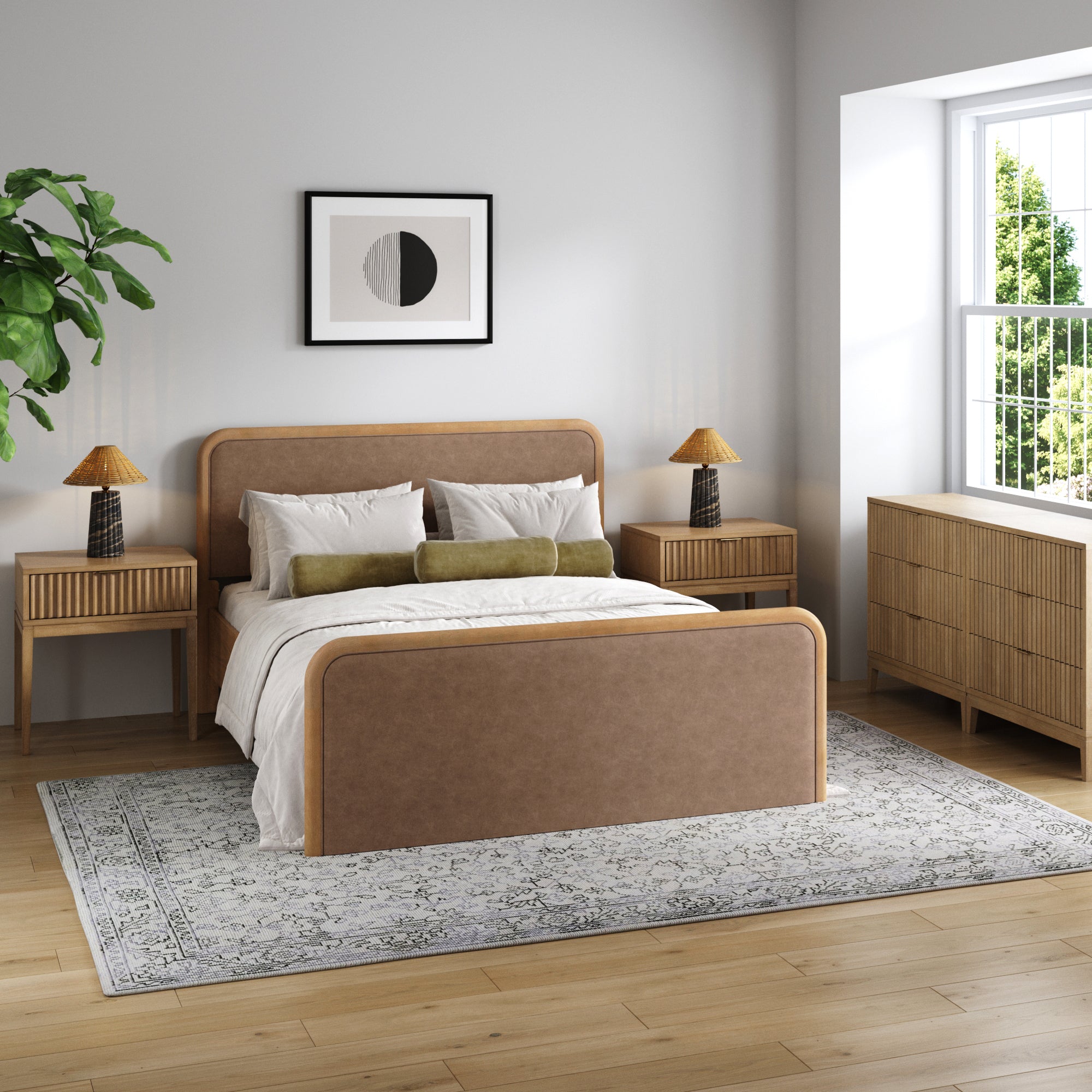 Rounded Faux Leather Queen Bedroom Set with 2 Fluted Dressers and 2 Nightstands Set Light Brown - Nathan James