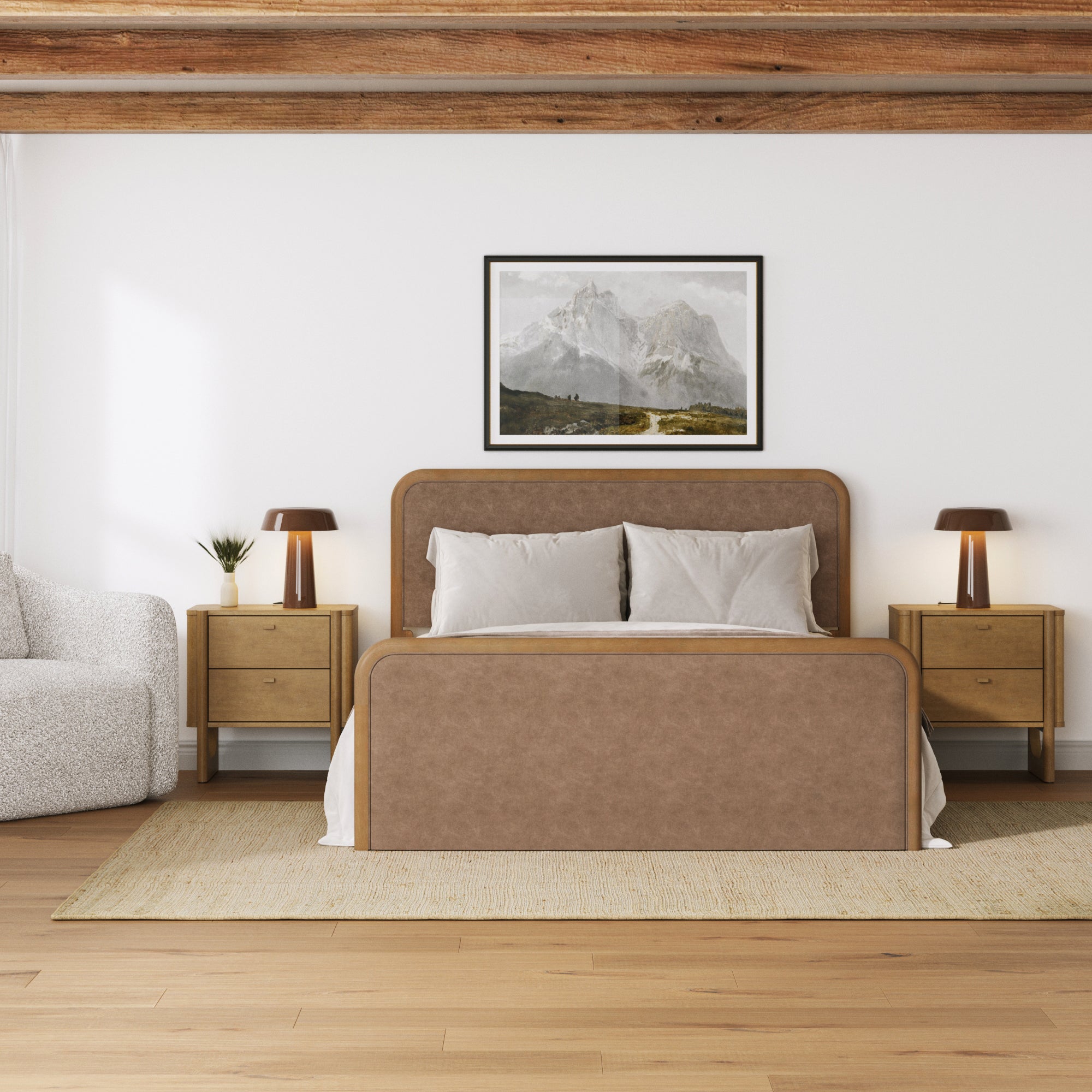 Queen Rounded Faux Leather Bed Frame with 2 - Drawer Nightstands Light Brown - Nathan James