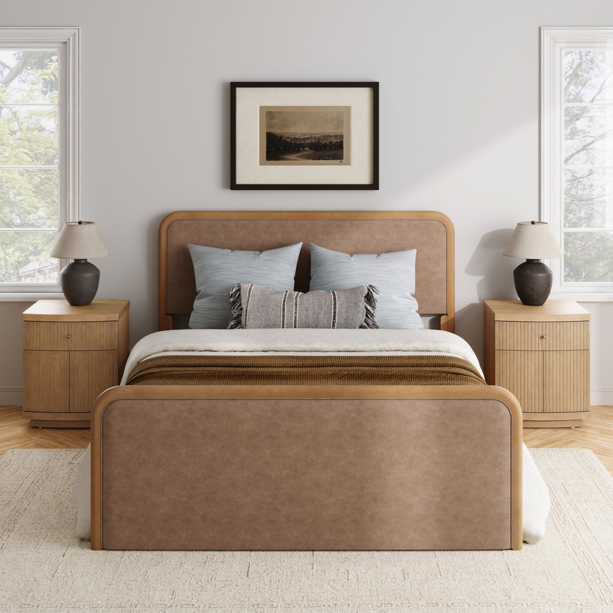 Queen Rounded Faux Leather Bed Frame with 2 Fluted Nightstands with Storage Light Brown - Nathan James