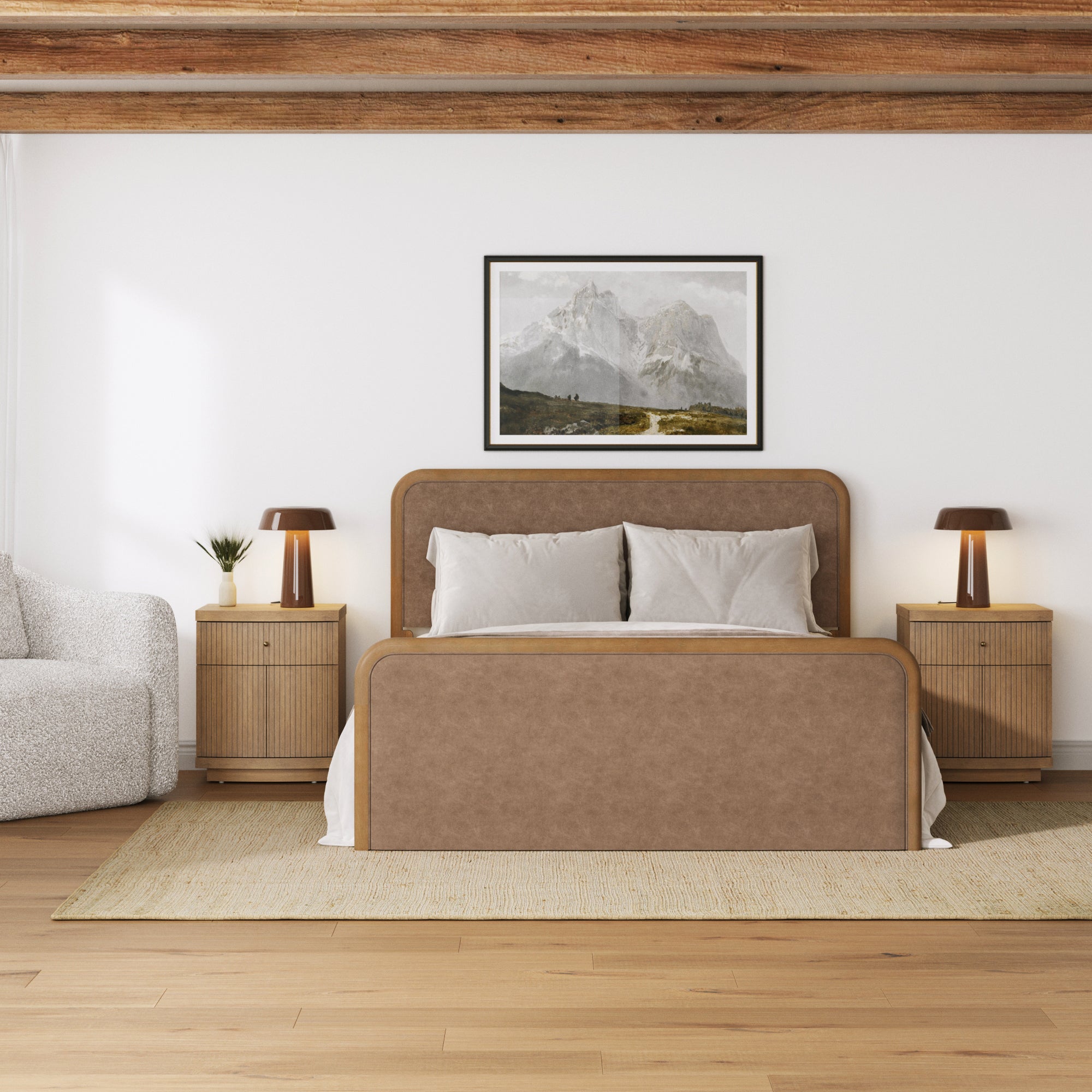Queen Rounded Faux Leather Bed Frame with 2 Fluted Nightstands with Storage Light Brown - Nathan James