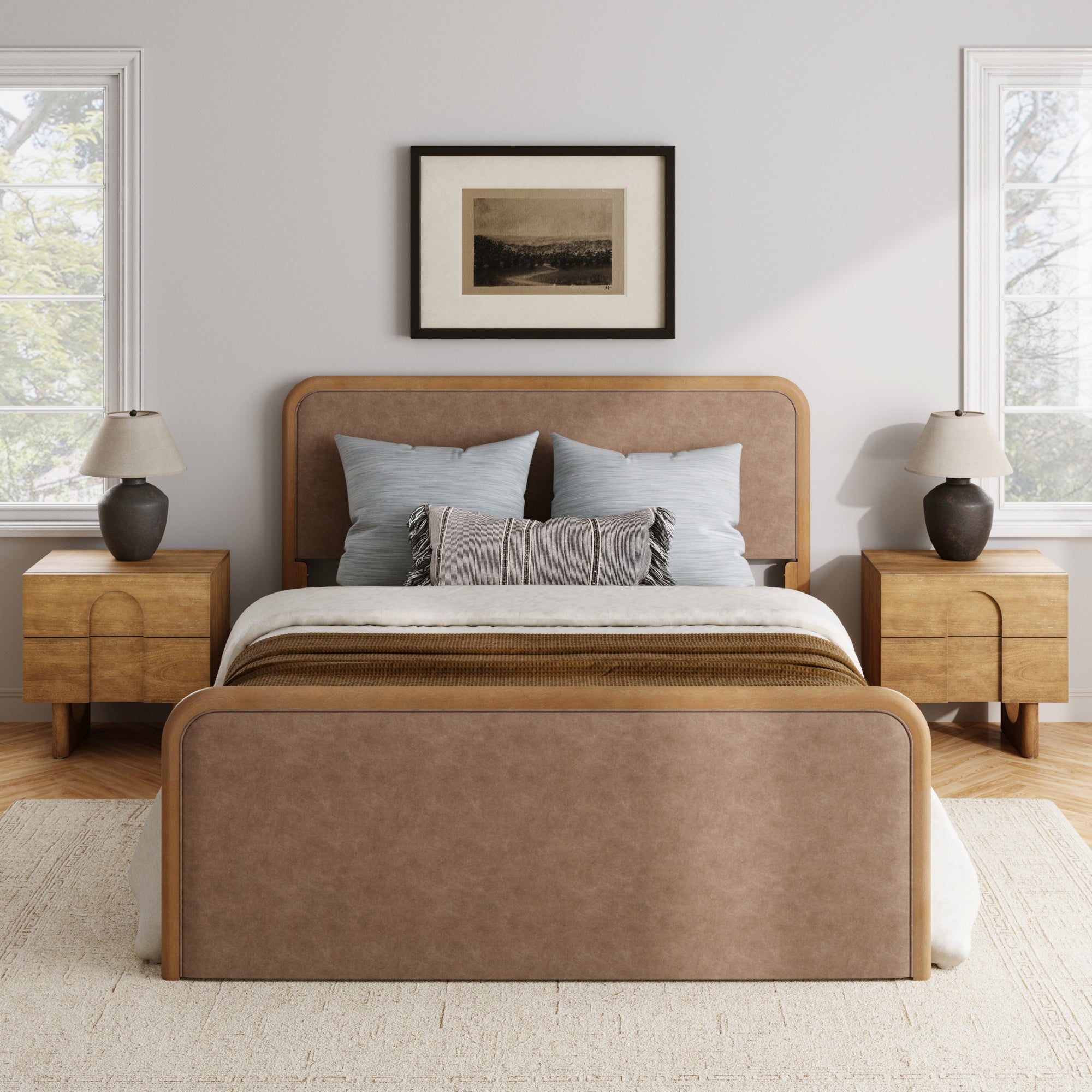 Queen Rounded Faux Leather Bed Frame with 2 Nightstands with Drawer Light Brown - Nathan James