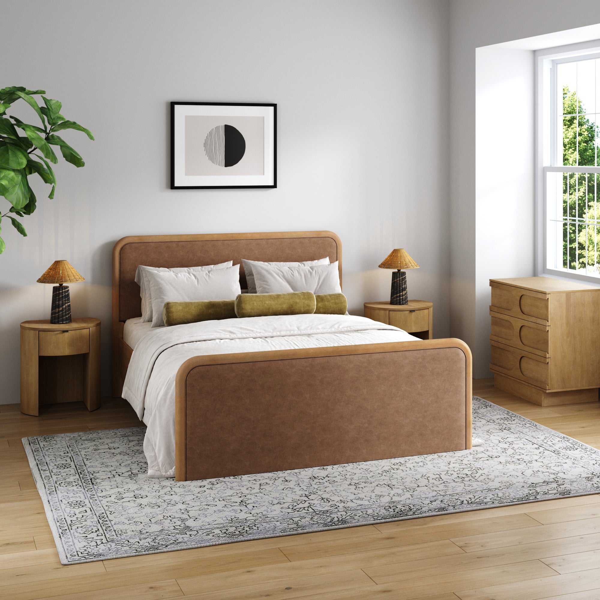 Rounded Faux Leather Queen Bed Frame with 1 Arched Dresser and 2 Nightstands Set Light Brown - Nathan James
