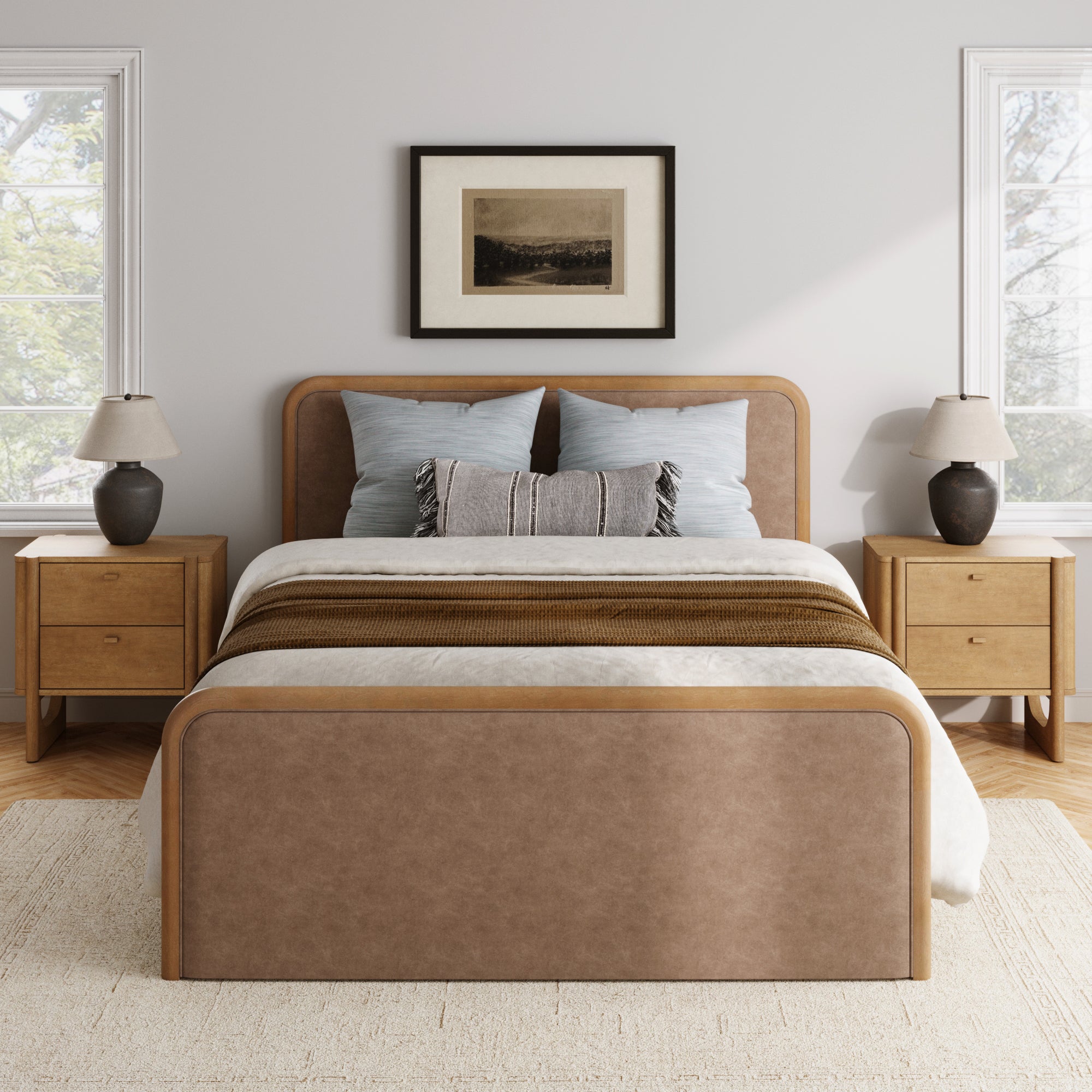 Queen Rounded Faux Leather Bed Frame with 2 Nightstands Light Brown - Nathan James