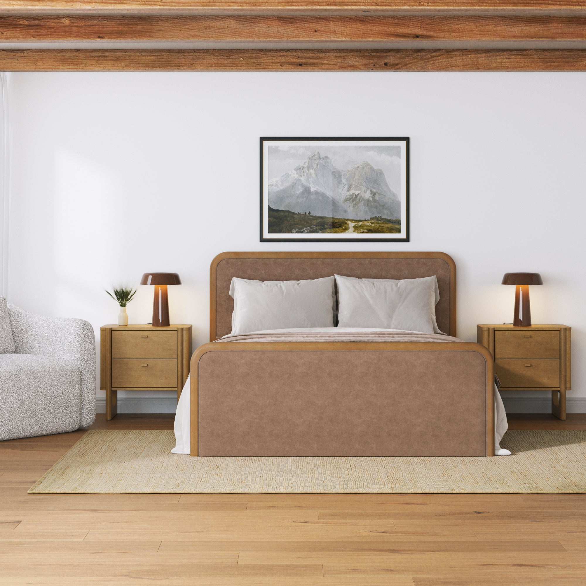 Queen Rounded Faux Leather Bed Frame with 2 Nightstands Light Brown - Nathan James