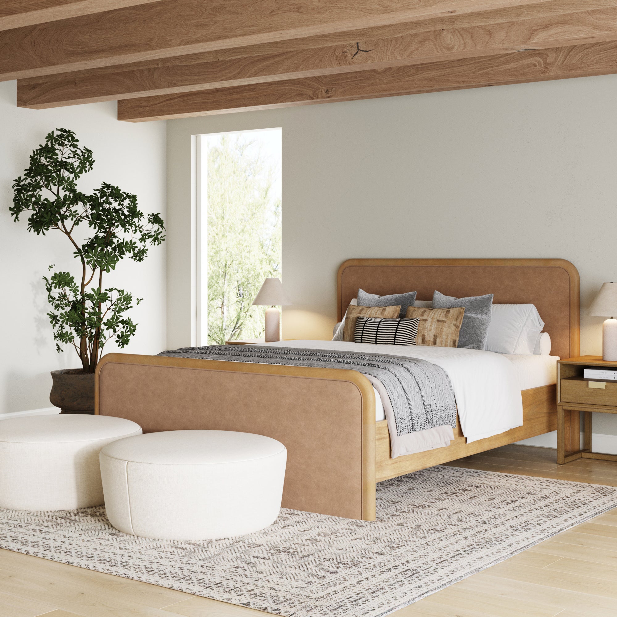 Queen Rounded Solid Wood Bed Frame in Light Brown Faux Leather - Nathan James