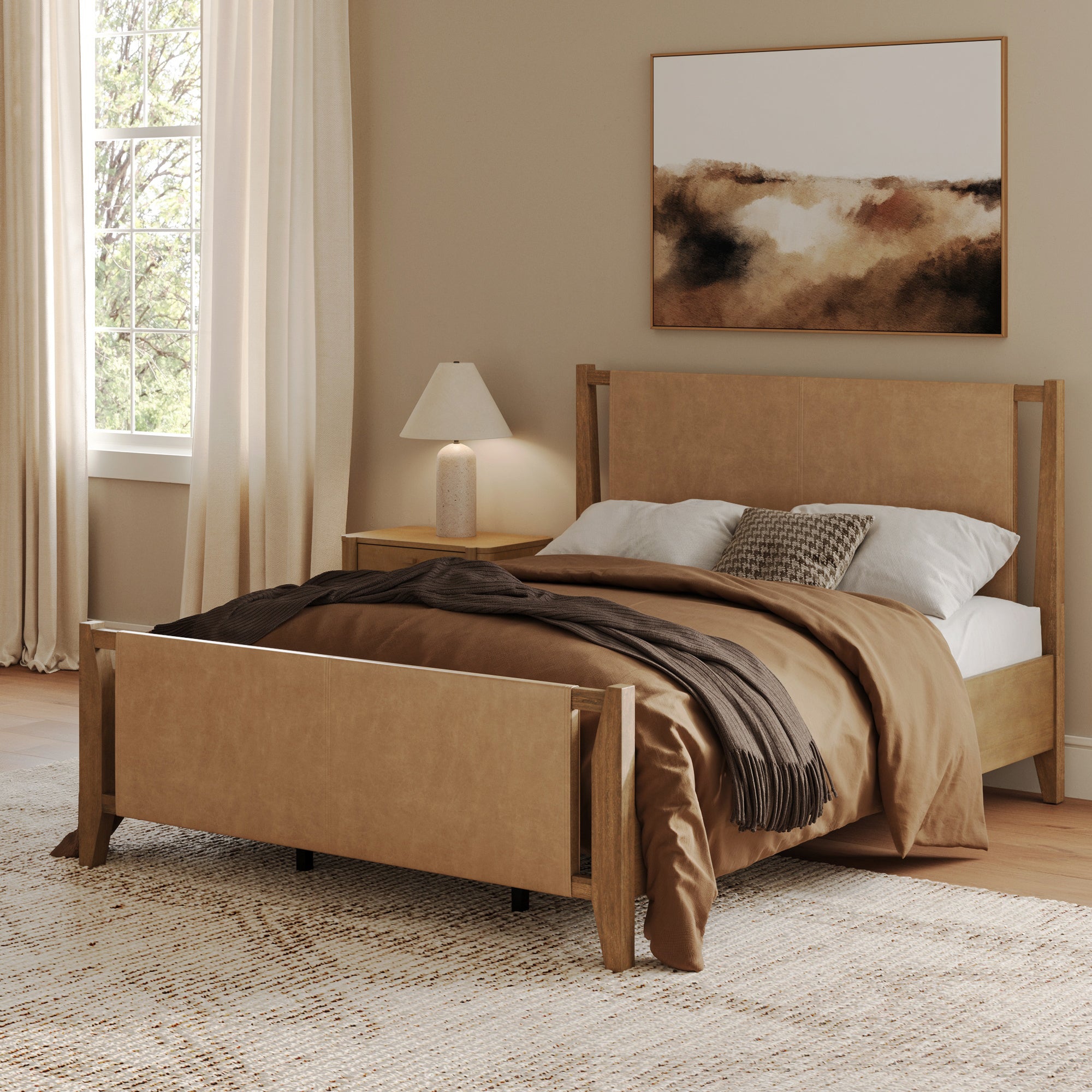 Wood & Faux Suede Bed Frame with Headboard Light Brown | Size Queen - Nathan James