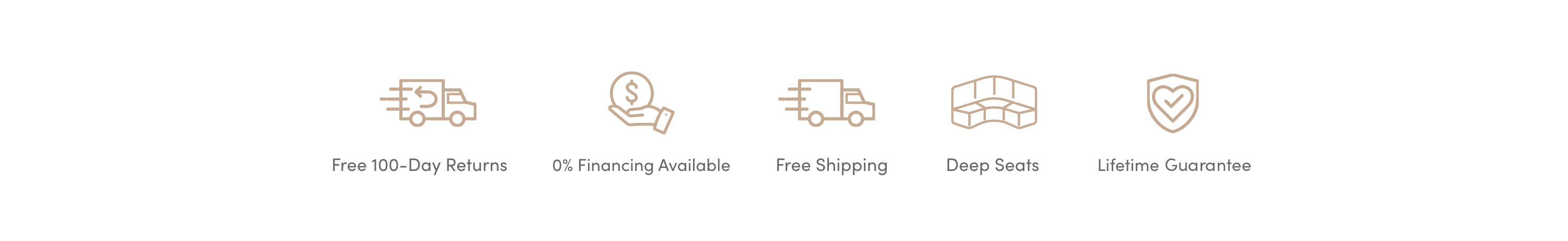 Five icons with text: Free 100-Day Returns, 0% Financing Available, Free Shipping, Deep Spots, and Lifetime Guarantee. Each icon visually represents the corresponding service or benefit.