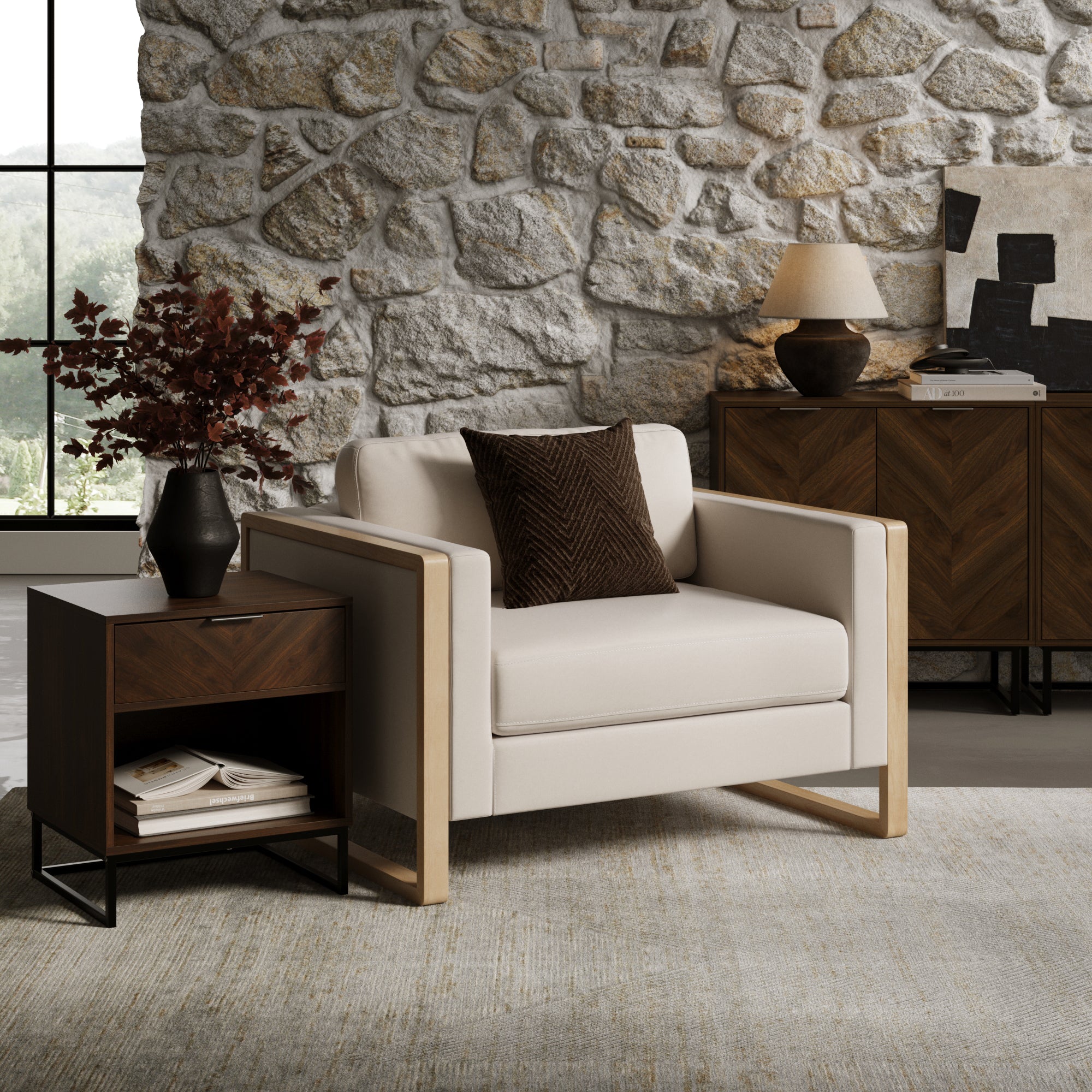 Madison Modern Upholstered Wood Armchair Bisque Linen Nathan James