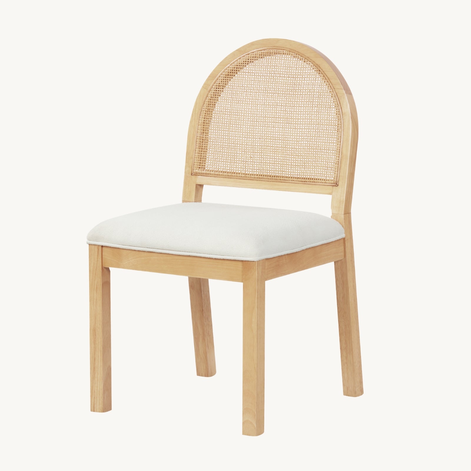 A wooden chair with a light-colored frame, a rounded wicker backrest, and a white cushioned seat, set against a plain white background.