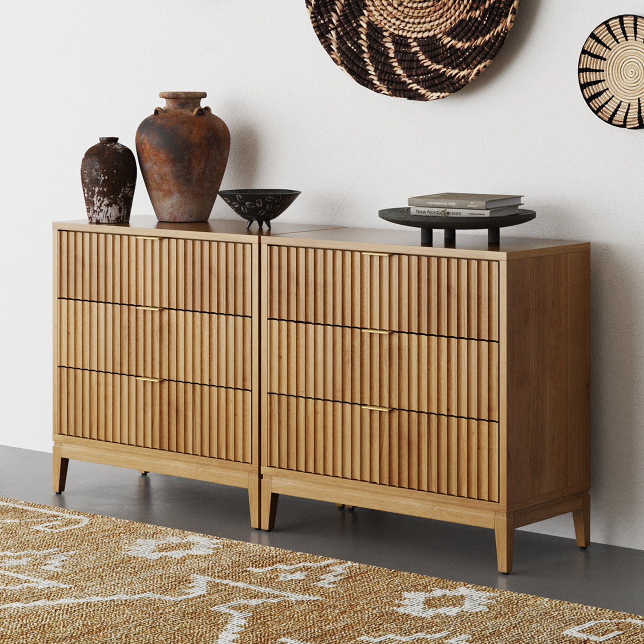 Jasper Dresser Warm Pine Wood Set of 2 Mid-Cent Fluted | Nathan James