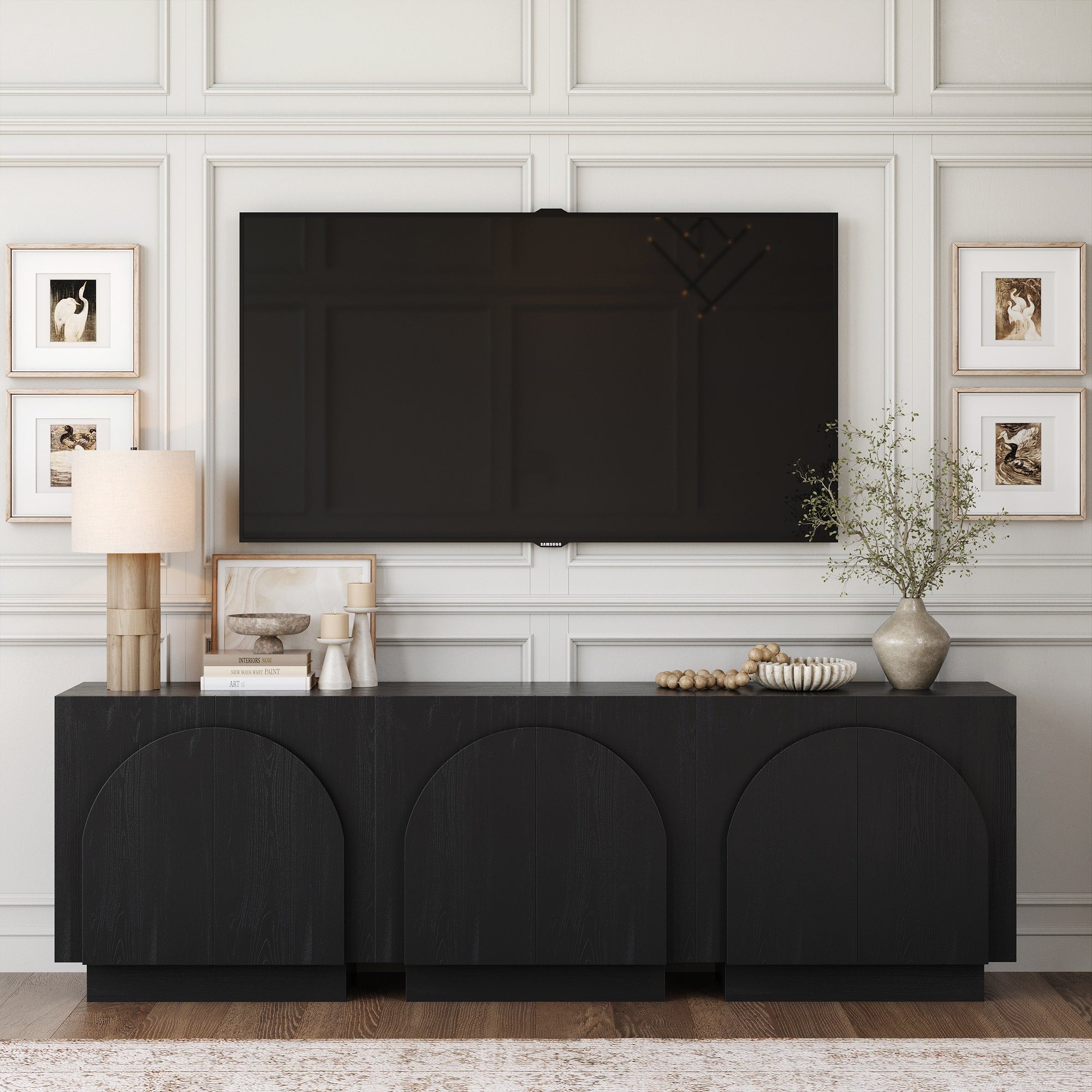 Mid-Century Arched TV Console Credenza Black (Set of 3)