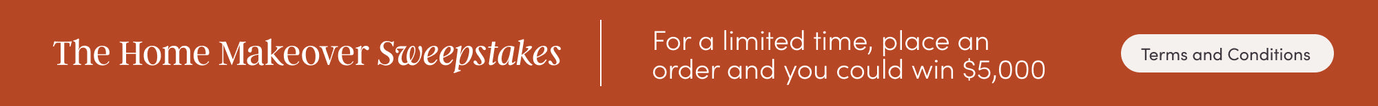 Banner with text: The Home Makeover Sweepstakes | For a limited time, place an order and you could win $5,000 and a button labeled Terms and Conditions on a rust-colored background.