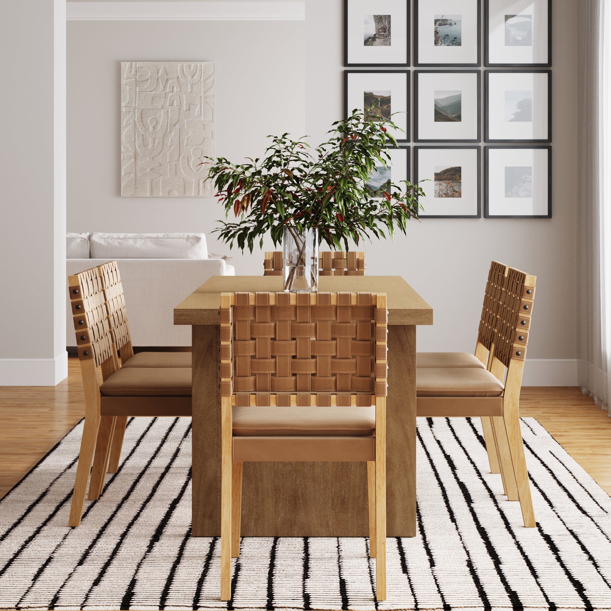 Mid-Century Woven Dining Set Light Brown (6 Chairs)