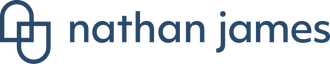 Logo with an abstract geometric icon on the left, followed by the words nathan james in lowercase blue letters on a white background.