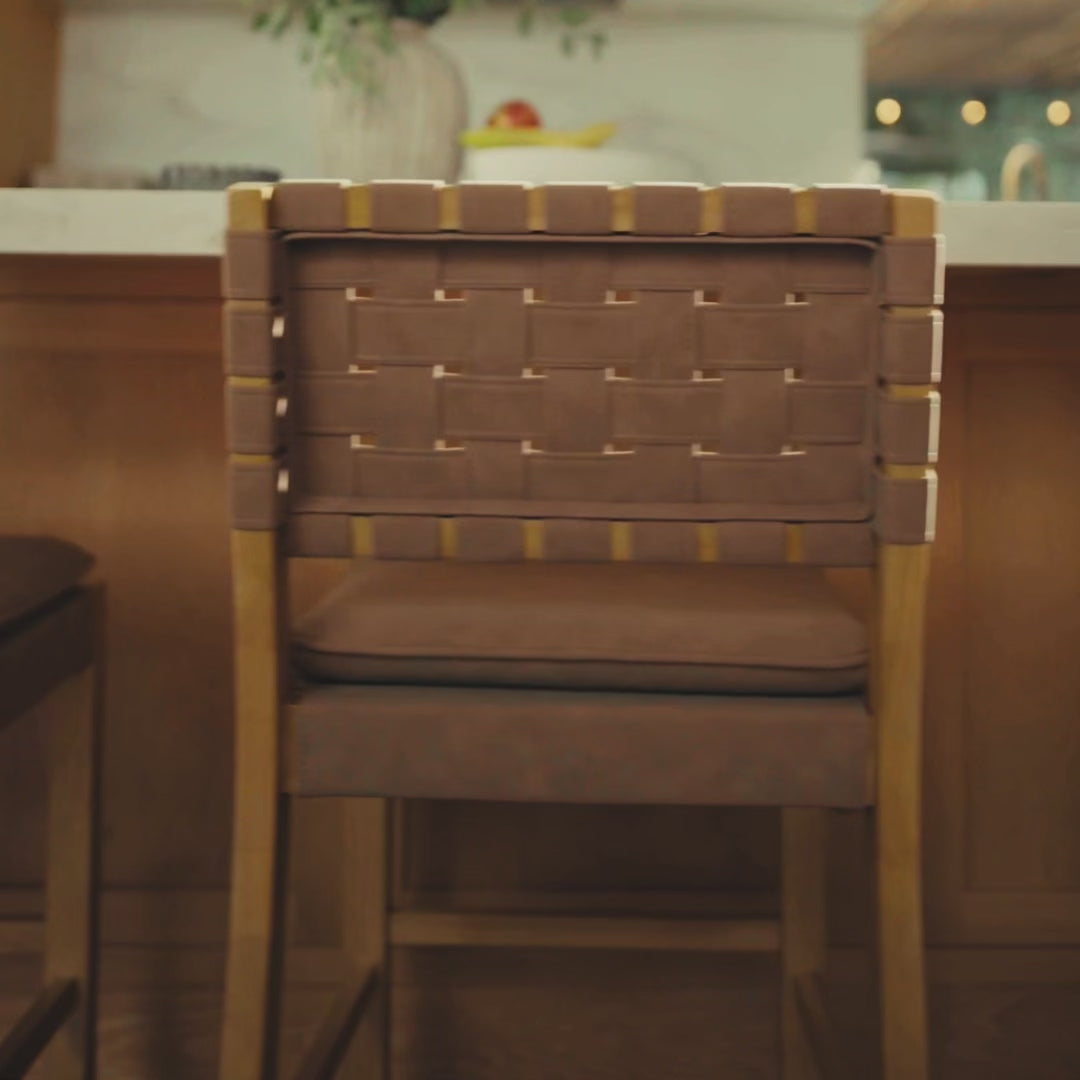 Cohen Light Brown Wood Faux Leather Bar Stool with Back | Nathan James