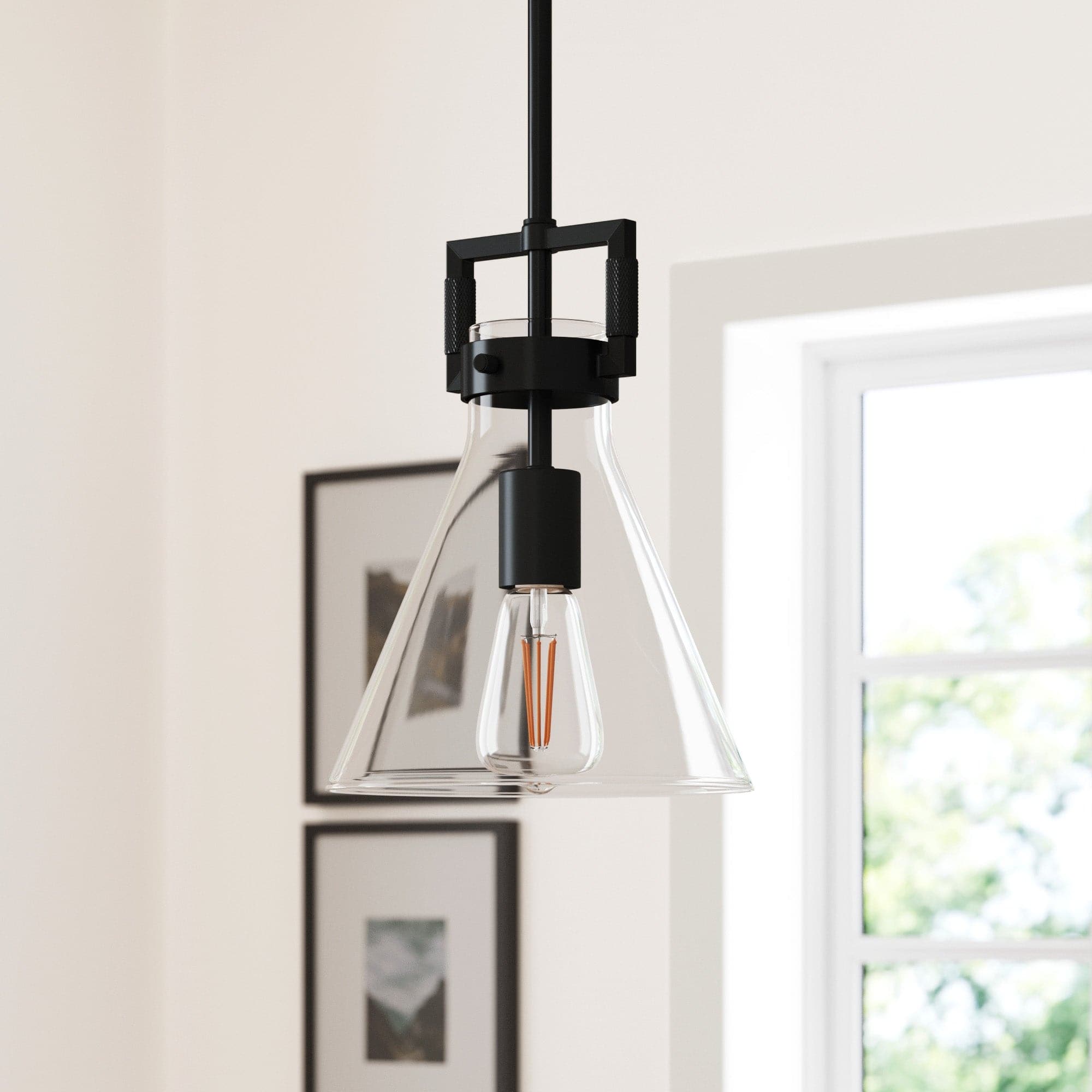Glass & Metal Hanging Ceiling Pendant Light Matte Black