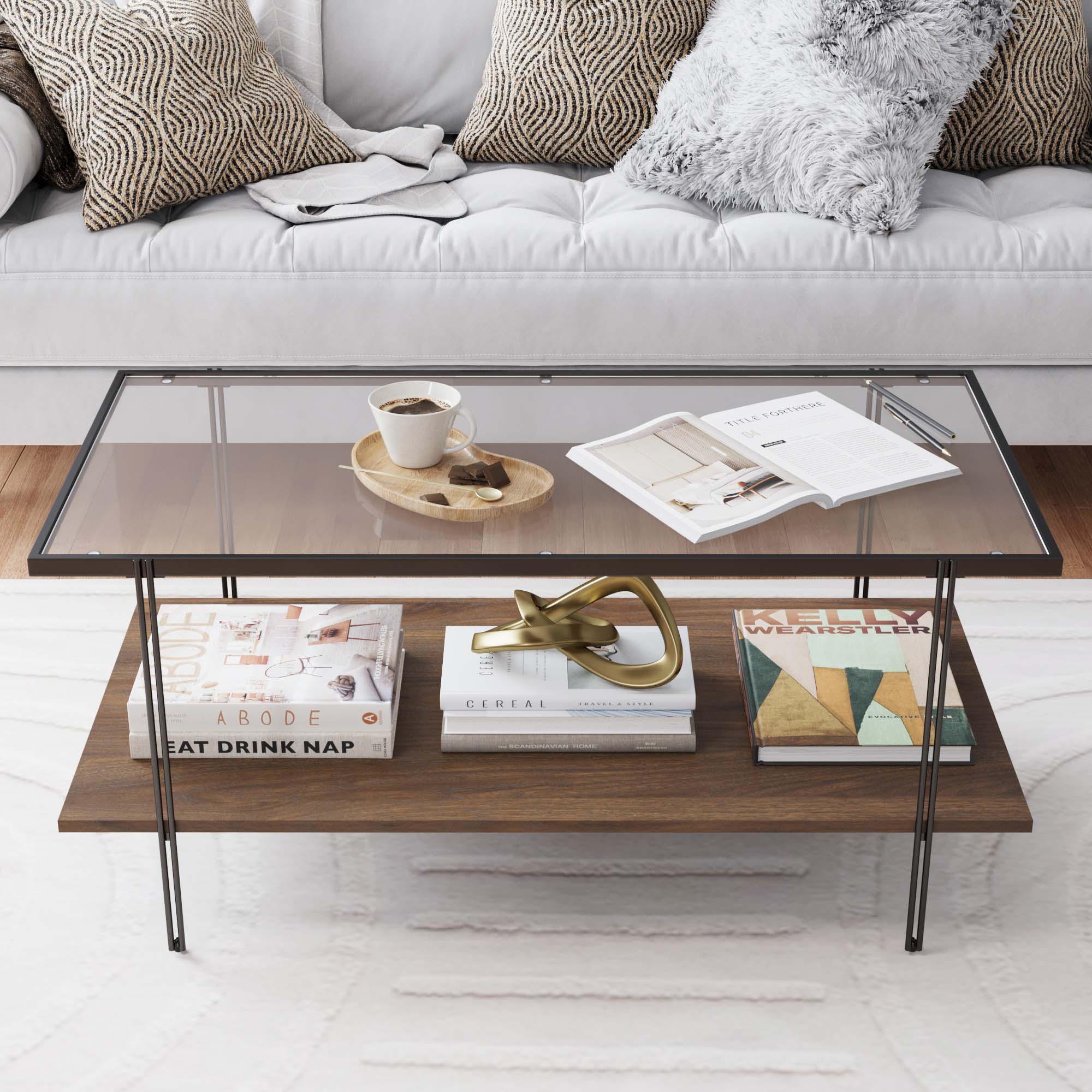 Glass Top Modern Coffee Table | Asher Walnut-Matte Black