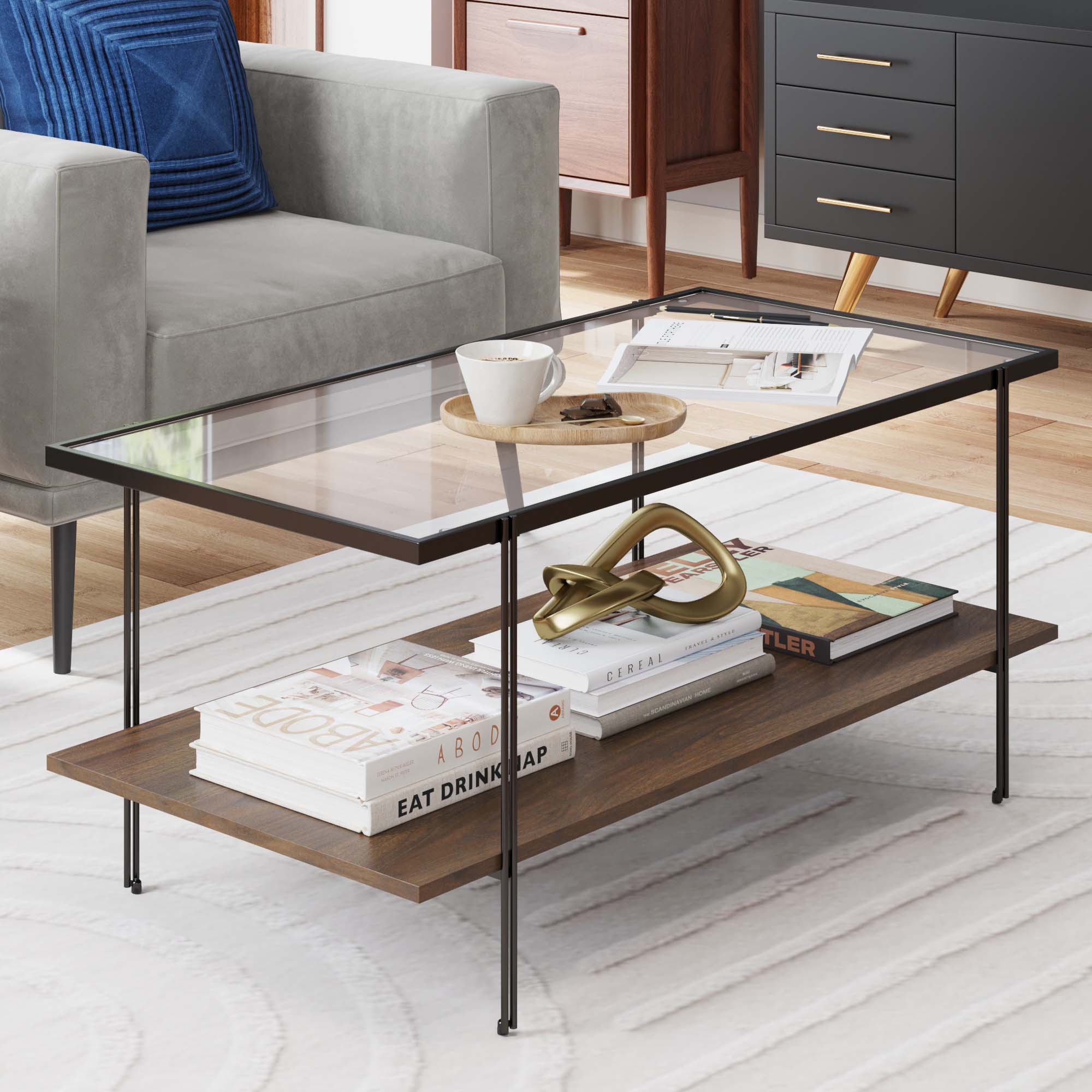 Nathan James Asher Mid-Century Coffee Table Glass Top Oak Shelf - Warm Walnut/Black, image size:2000x2000