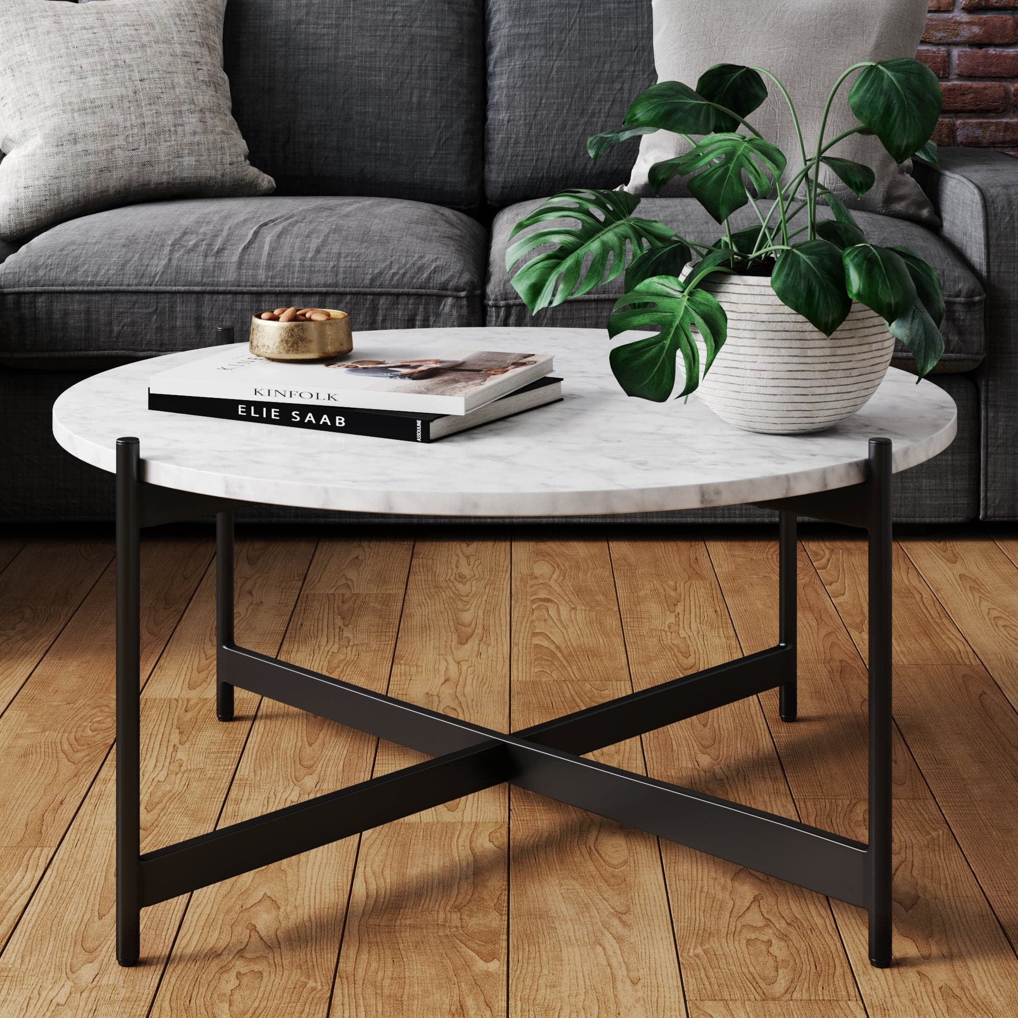 Faux Metal & Marble Round Coffee Table Black