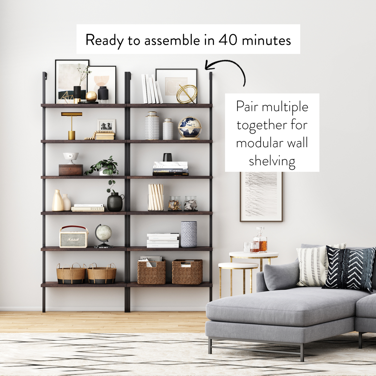 Theo Bookshelf Nutmeg Matte Black 6-Shelf Set of 2 | Nathan James