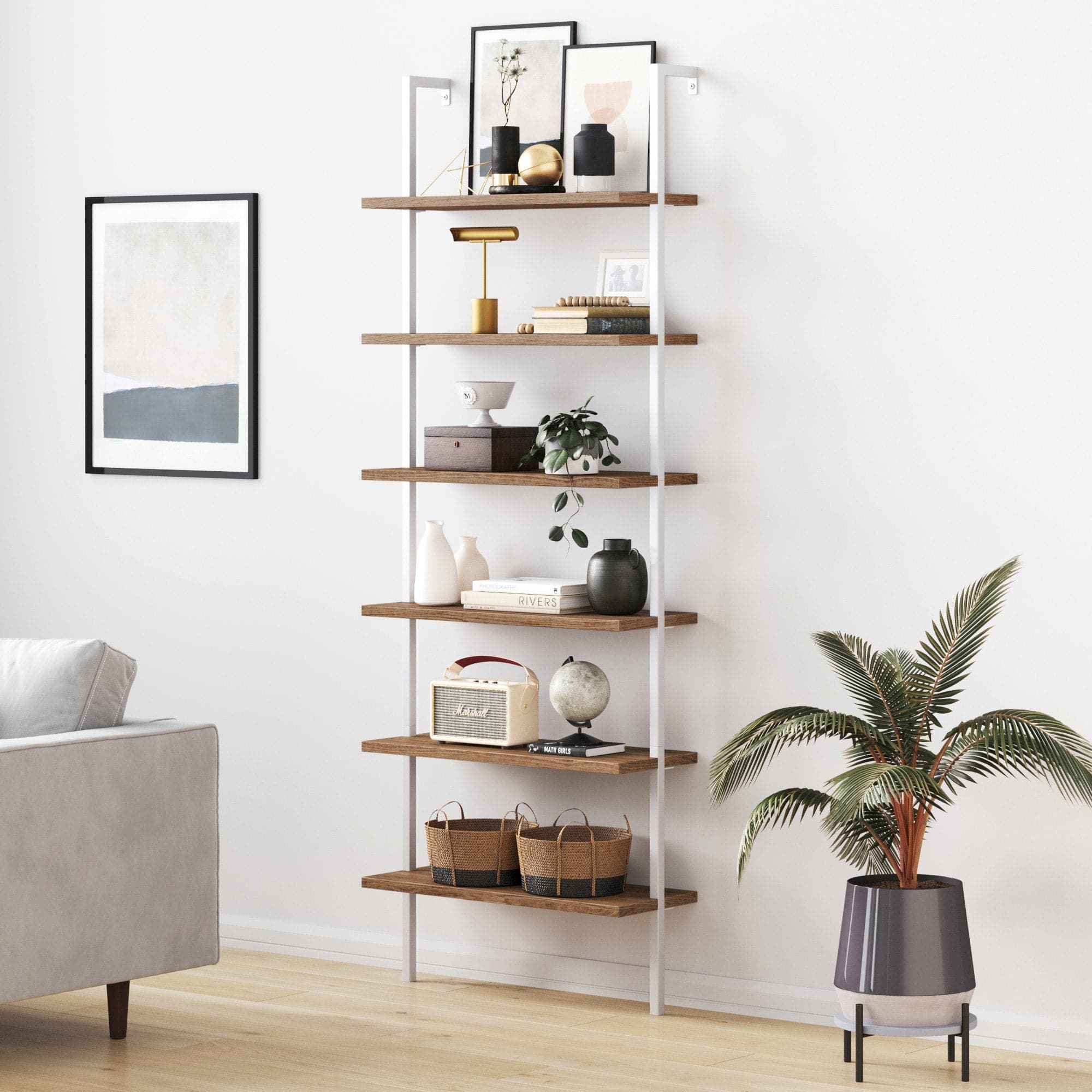 Wood Wall Mount Ladder Bookshelf | Theo Reclaimed Oak-Matte White