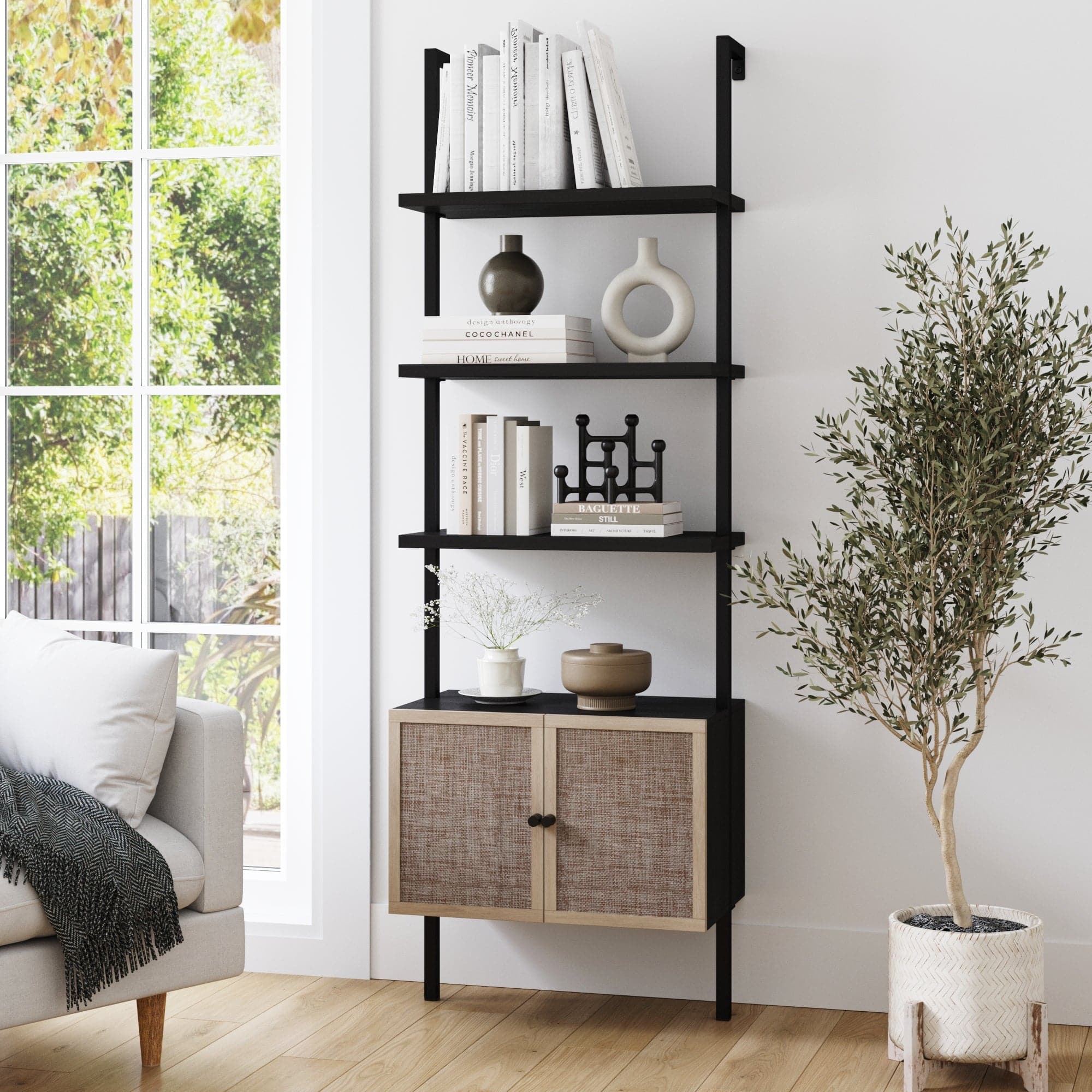 Rattan or Wood Ladder Storage Bookshelf