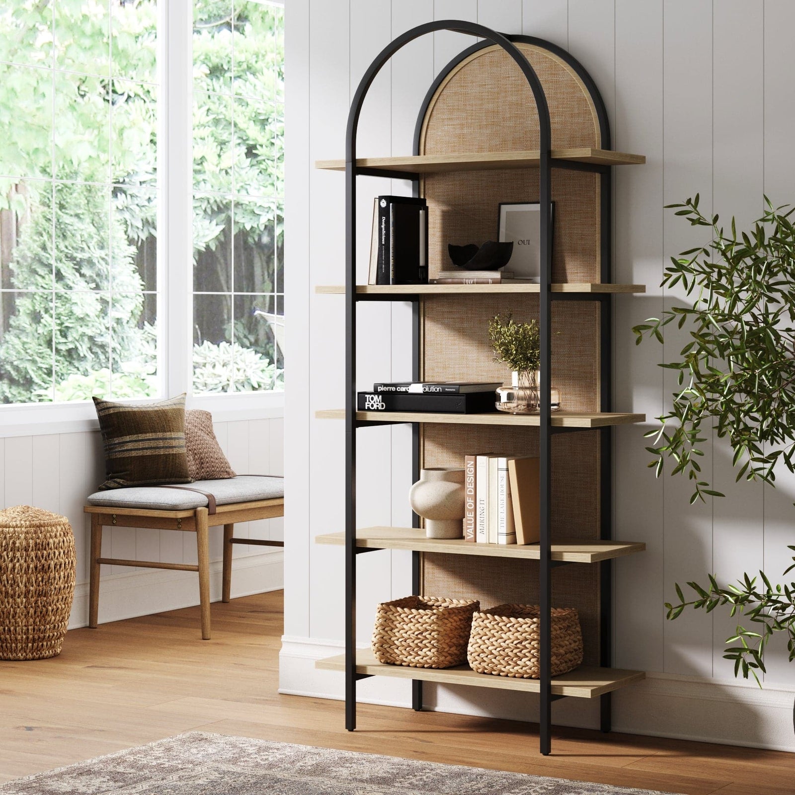 Boho Rattan & Wood Arched 5-shelf Etagere Bookshelf 