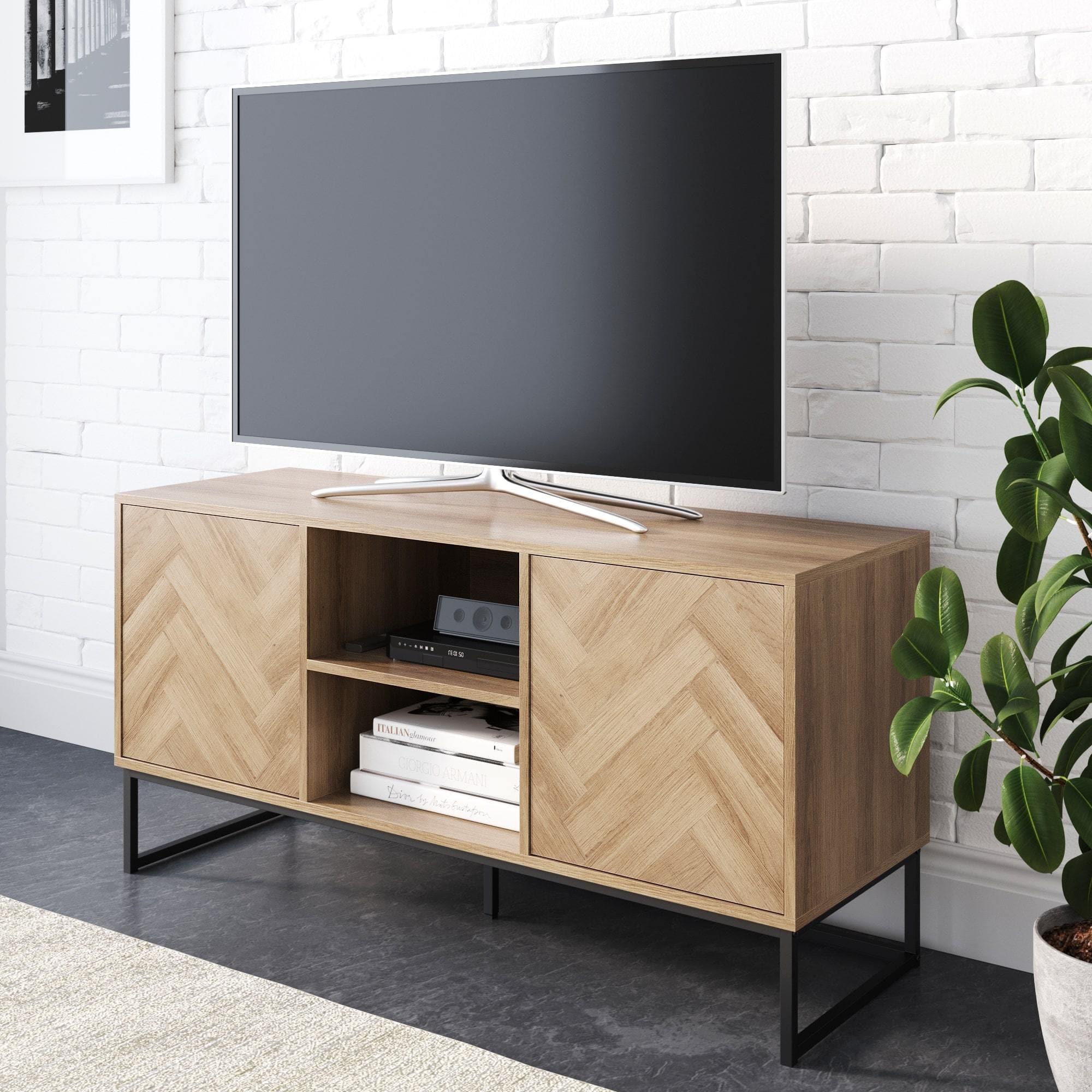 Light wood tv stand with outlet doors