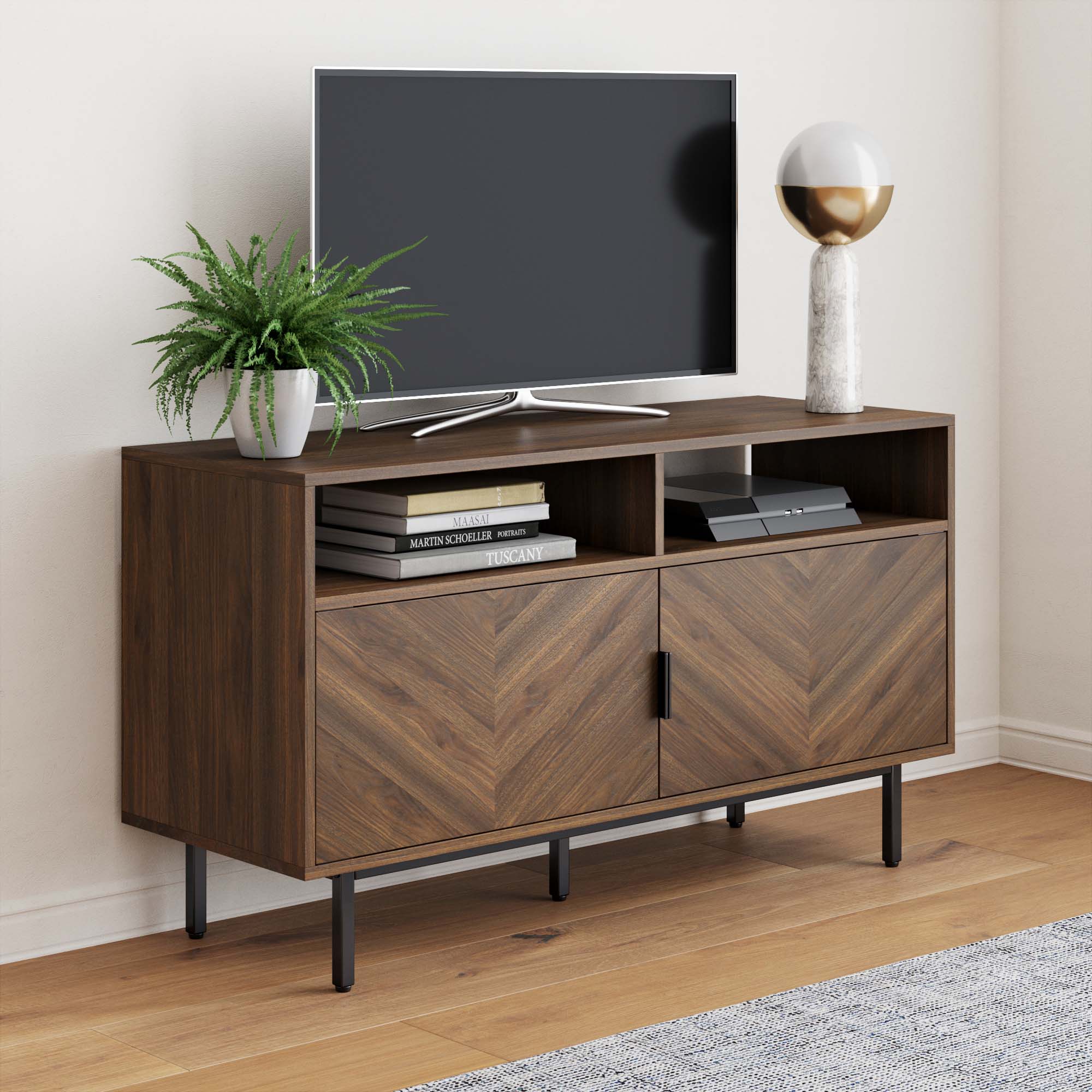 Wood Herringbone TV Cabinet | Izsak Walnut-Matte Black